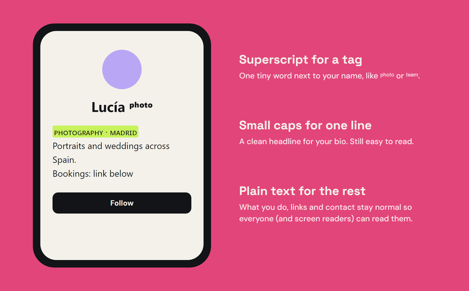 When to use each kind of small letter: small caps for a full name or short bio line, superscript for a tiny tag next to a bigger word, subscript for numbers and formulas